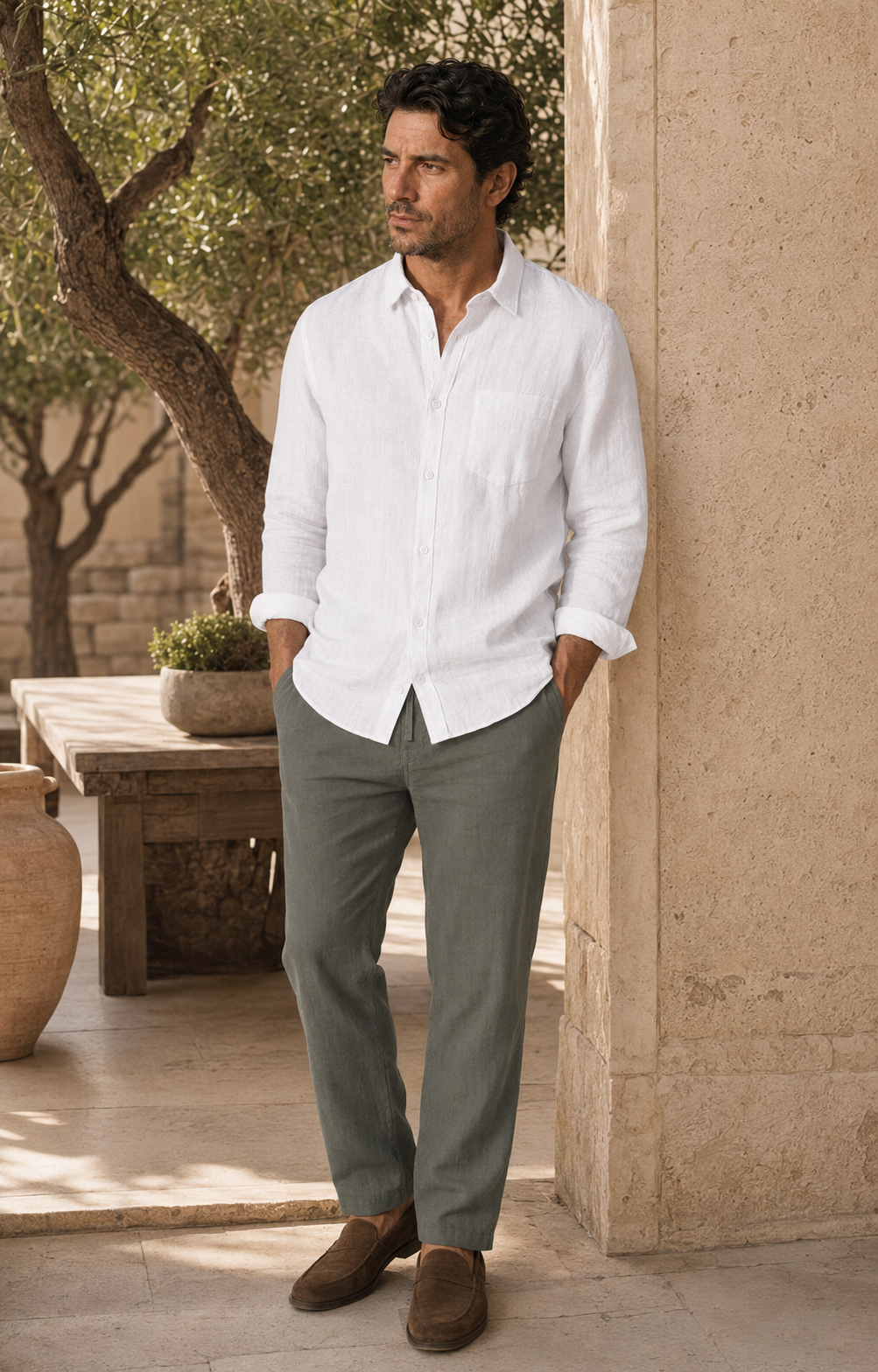 Outfit 03 am Model: Leinenhemd White und Leinenhose Khaki