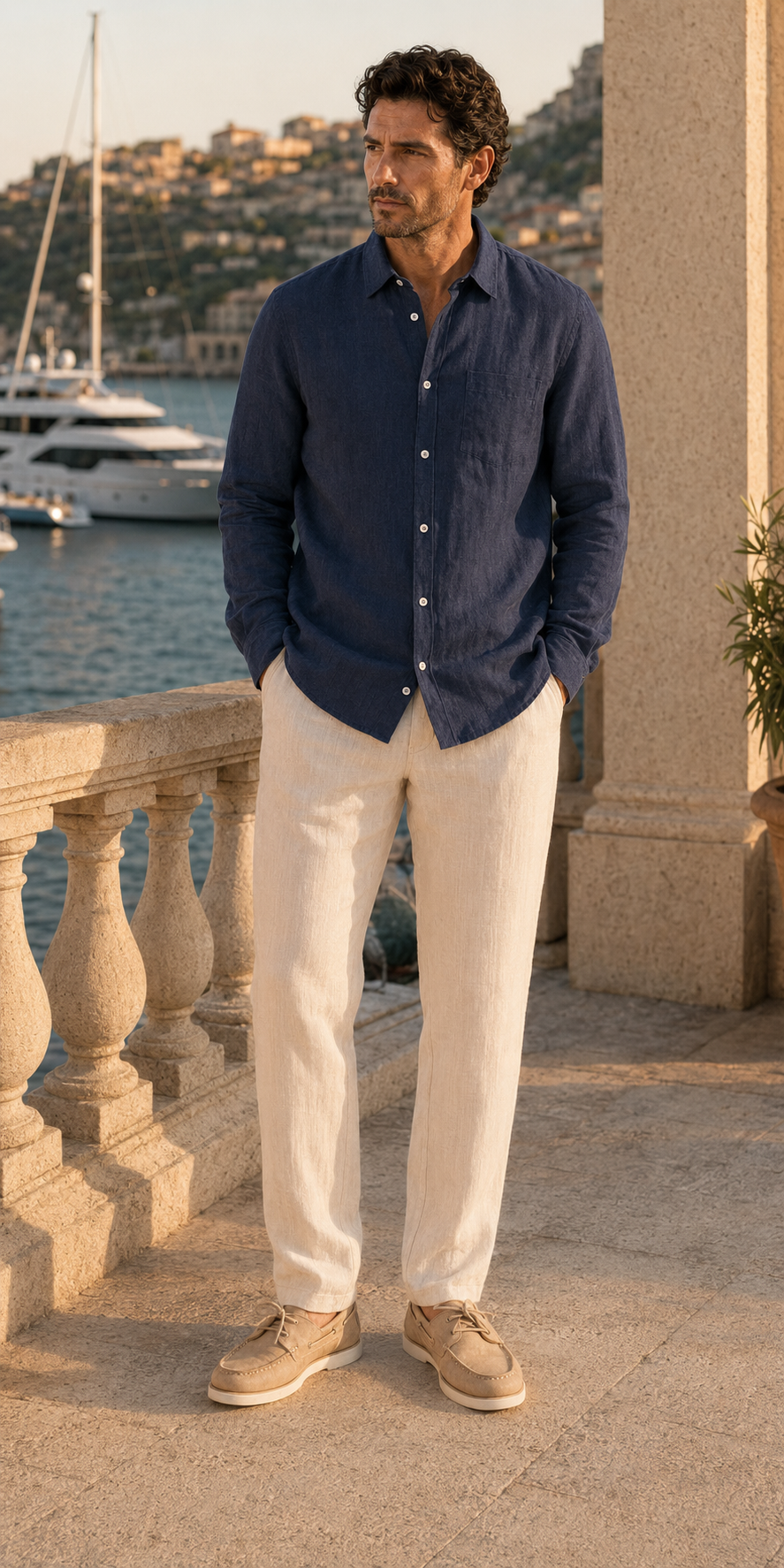 Outfit 04 am Model: Leinenhemd Navy und Leinenhose Sand