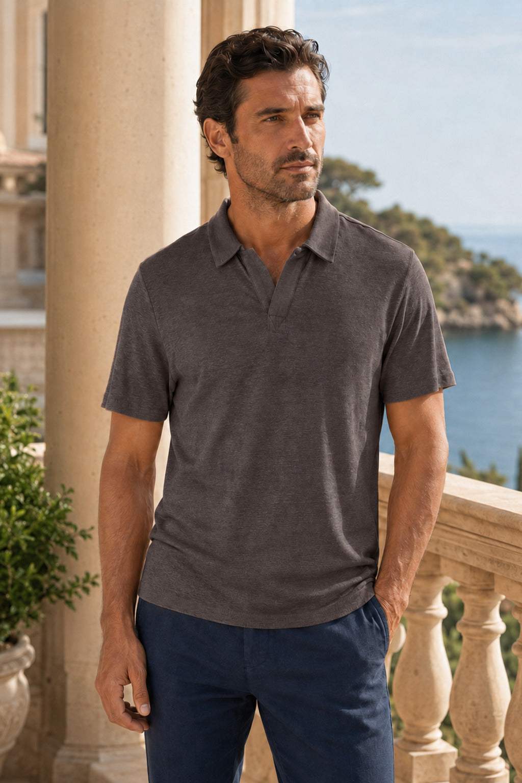 Leinen-Poloshirt in Stone Grey – MIRESSARO Lifestyle