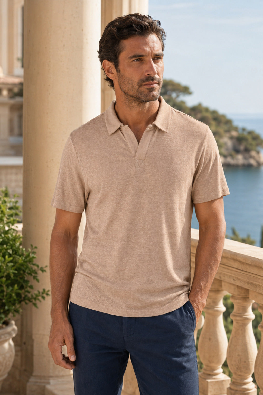 Leinen-Poloshirt in Wet Sand – MIRESSARO Lifestyle