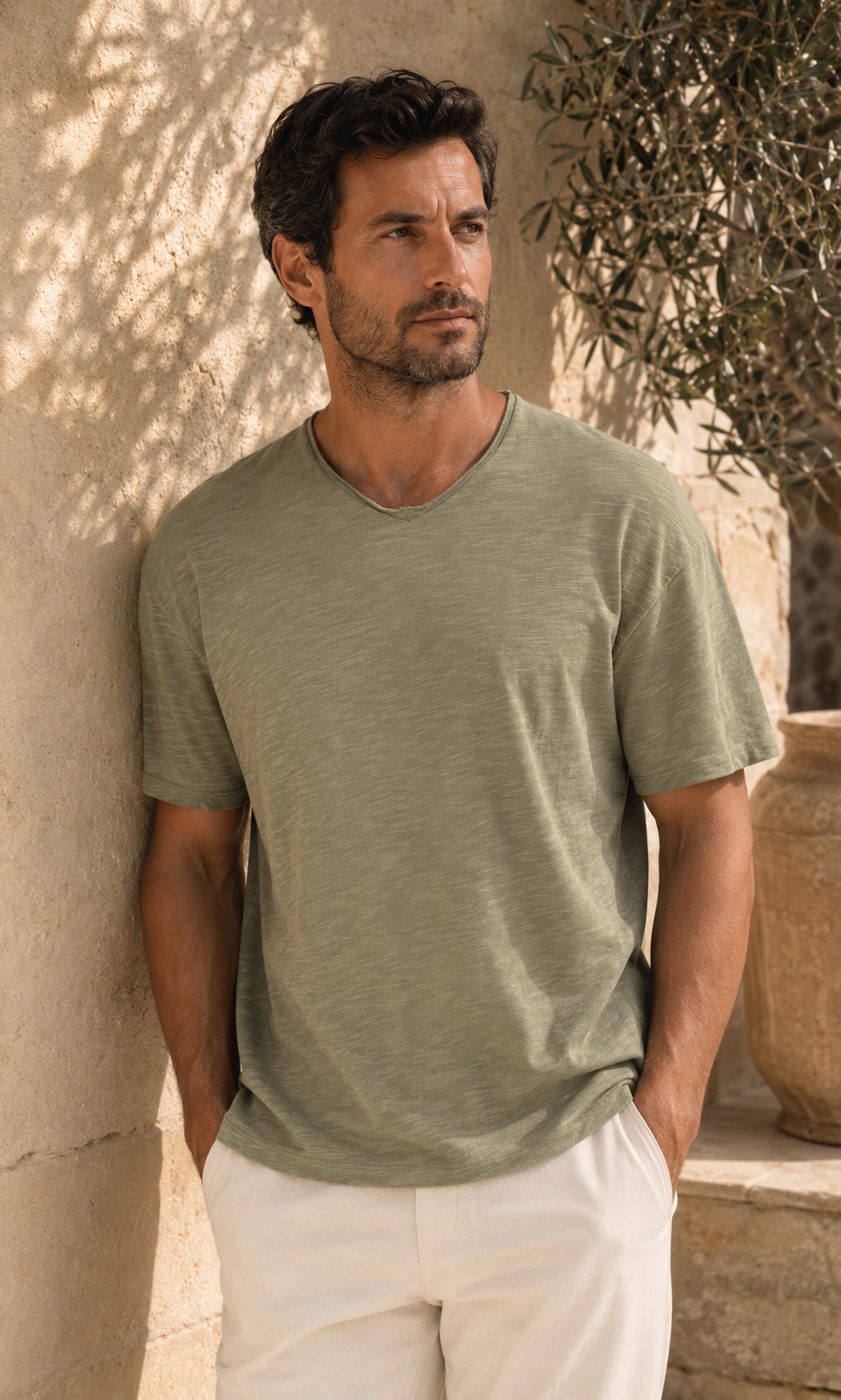 Slub-T-Shirt aus Bio-Baumwolle mit V-Ausschnitt – MIRESSARO Lifestyle