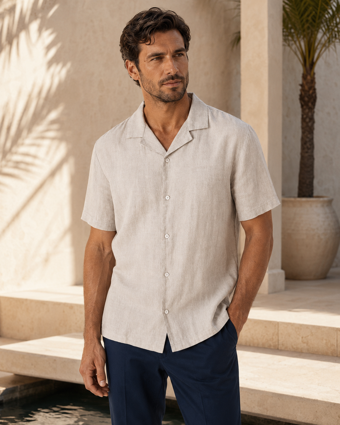 Leinen-Kurzarmhemd mit Bowlingkragen – MIRESSARO Lifestyle